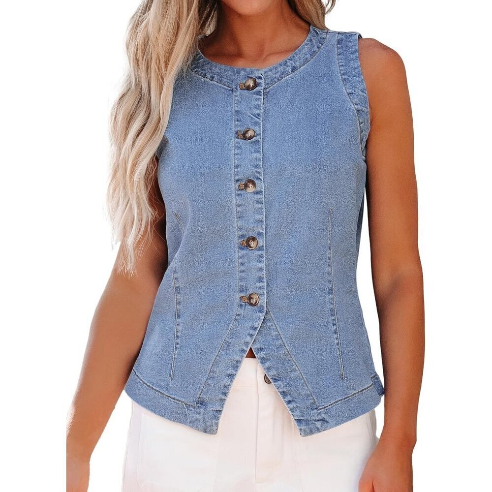 Women's Sky Blue Sleeveless Strechy Jean Vest Top Button Down Denim Vest